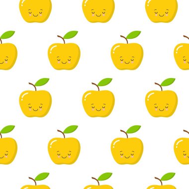 Beyaz arka planda sarı, şirin kawaii elması pürüzsüz desen. Vektör illüstrasyonu.