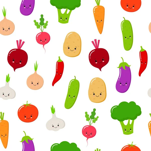 Seamless cute happy vegetables food fun illustration background pattern in vector — Stock Vector