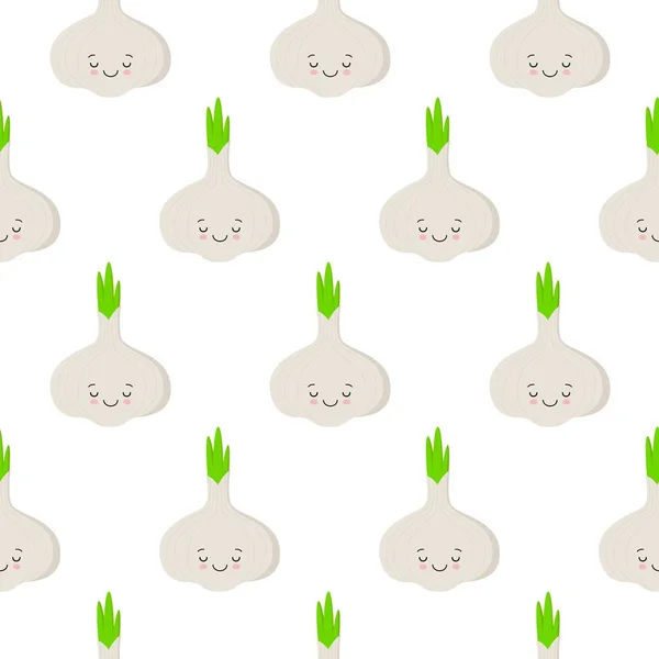 Ajo, patrón sin costuras vector con personajes de dibujos animados vegetales lindos aislados en blanco — Vector de stock