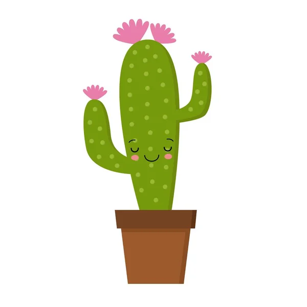 Stripfiguur cactus met bloem en schattig gezicht. Kawaii ingegoten plant vectorillustratie. — Stockvector