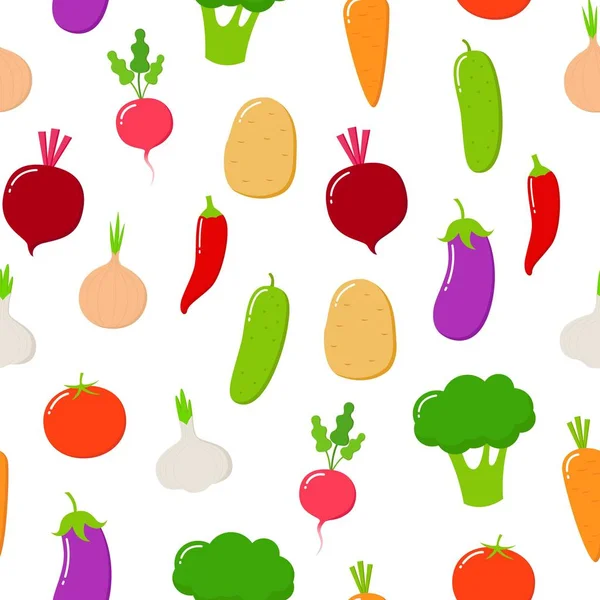 Patrón inconsútil de alimentos ecológicos.Vector de frutas y verduras sobre un fondo blanco . — Vector de stock