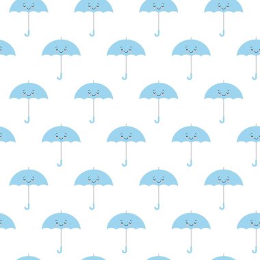 Mavi sevimli şemsiyeler sorunsuz arka plan desen vektör illüstrasyon. Kawaii tarzı