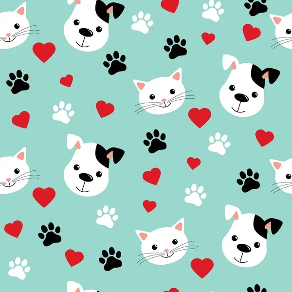 Sevimli kedi ve köpekler ile Dikişsiz desen. Güzel vektör illüstrasyon ve kumaşlar, tekstil, duvar kağıdı ve çocuklar için arka plan için tasarım. Yeşil arka plan