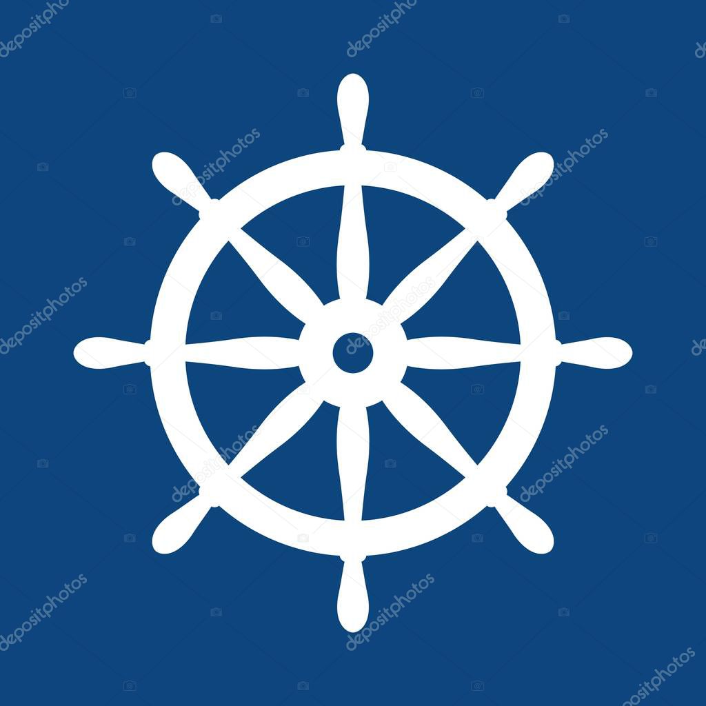 Nautical helm. Ship and boat steering wheel sign. Boat wheel control icon. Rudder label.