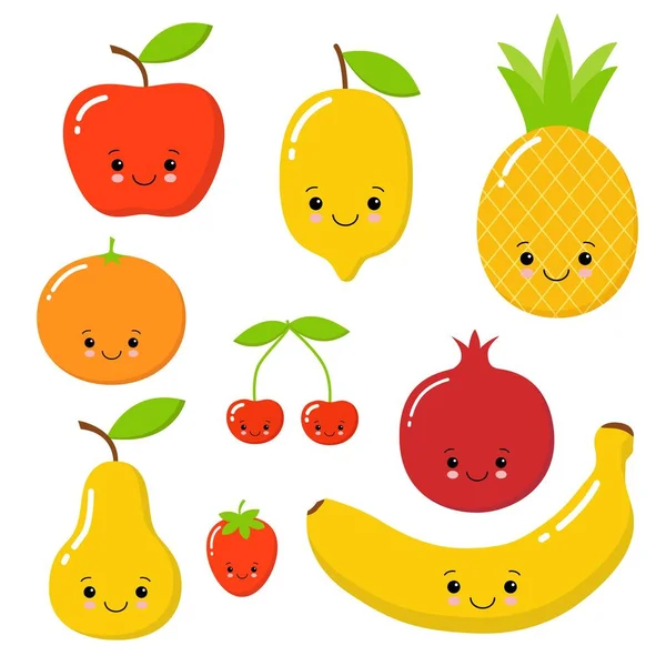 Sevimli meyve vektör seti. çok tatlı elma, karpuz, avokado, armut, limon, çilek, ananas. — Stok Vektör