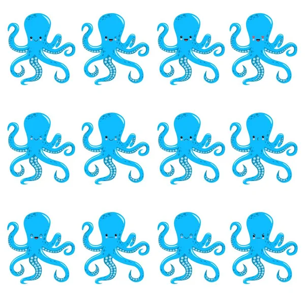 Ensemble de petite pieuvre bleue montrant diverses émotions et actions. Personnages de dessins animés de créatures marines. d — Image vectorielle