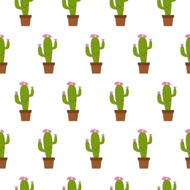 Komik yüzleri ile sevimli kawaii kaktüs ile Dikişsiz desen. beyaz arka plan üzerinde izole. Vektör çizimi.