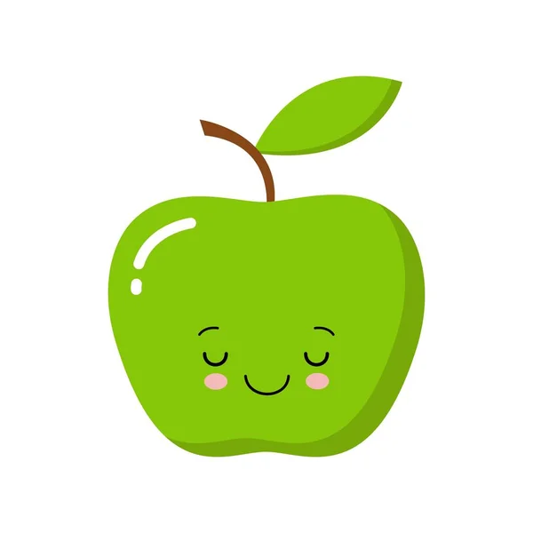 Linda manzana verde Kawaii con hoja aislada sobre fondo blanco. Ilustración vectorial . — Vector de stock