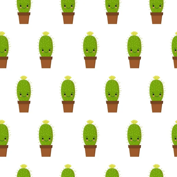 Naadloze patroon met leuke kawaii cactus met grappige gezichten. geïsoleerd op witte achtergrond. Vector illustratie. — Stockvector