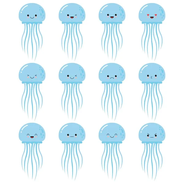 Nastavit vektorovou zásobu ilustrace izolovaný znak Emoji postavy kreslené medúzy štítky emotikony s různými emocemi. — Stockový vektor