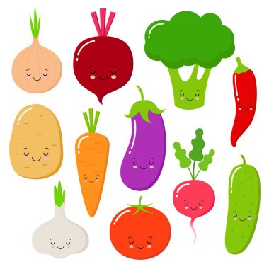 Karikatür sebze vektör düz tarzda ayarlayın. Soğan, havuç, salatalık, Paprika, domates, biber, brokoli, sarımsak, patates