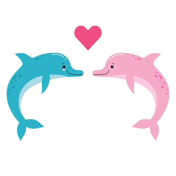 Linda ilustración vectorial de dos delfines enamorados de un pequeño corazón rojo entre ellos — Archivo Imágenes Vectoriales