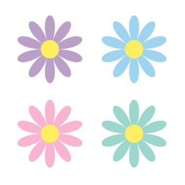 Renkli papatya papatya simge seti. Sevimli çiçek bitki koleksiyonu. Sevimli karikatür komik dekorasyon eleman. Aşk kartı. Camomile simgesi. Büyüyen konsept.