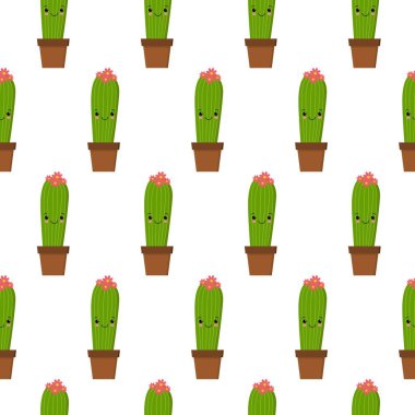 Komik yüzleri ile sevimli kawaii kaktüs ile Dikişsiz desen. beyaz arka plan üzerinde izole. Vektör çizimi.