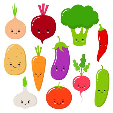Karikatür sebze vektör düz tarzda ayarlayın. Soğan, havuç, salatalık, Paprika, domates, biber, brokoli, sarımsak, patates