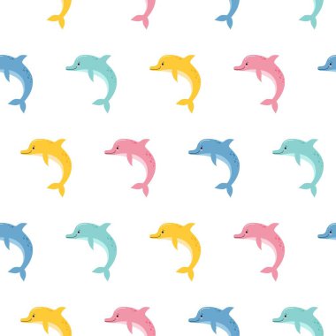 Sevimli renkli yunuslar dikişsiz desen arka plan, tekstil ve kart tasarımı için yaz baskı