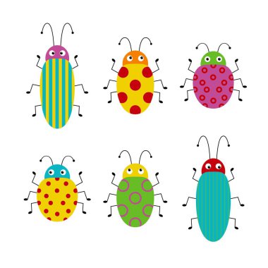 Sevimli karikatür böceklerin Vektör seti. İzole arka planda farklı böcekler.