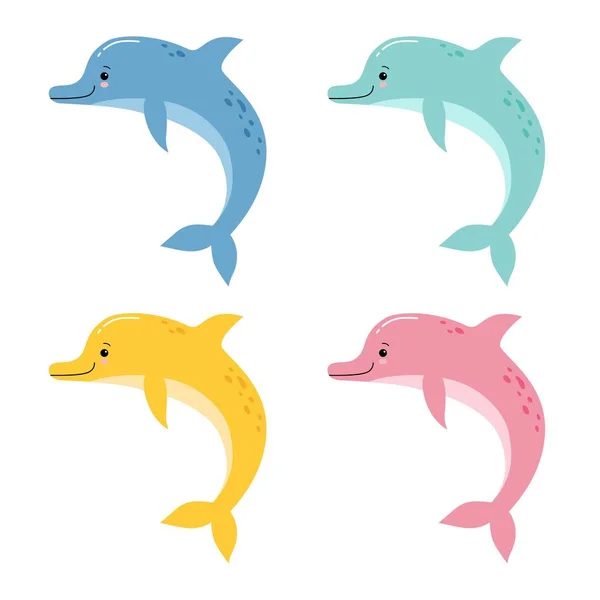 Illustrazione carina vettoriale di un divertente delfini colorati saltare divertimento su uno sfondo bianco — Vettoriale Stock