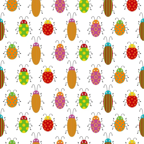 Sömlösa mönster med söta färgglada buggar. Ljus vektorritning av små skalbaggar. Tecknad rolig illustration — Stock vektor