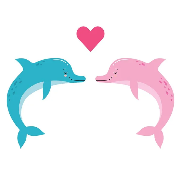 Linda ilustración vectorial de dos delfines enamorados de un pequeño corazón rojo entre ellos — Archivo Imágenes Vectoriales