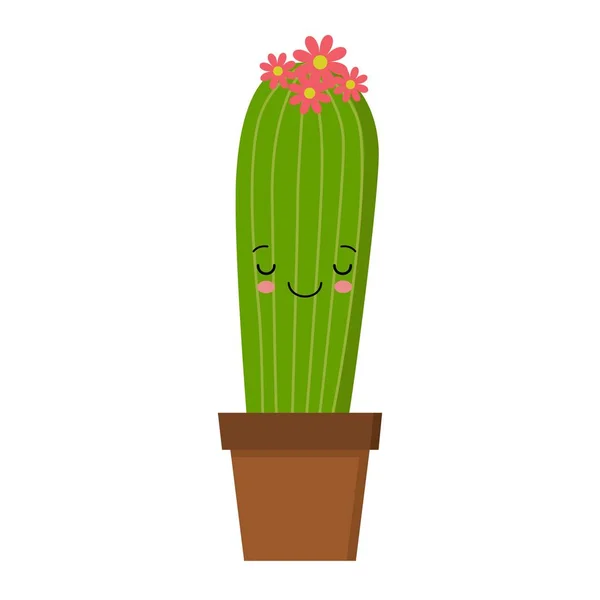 Personaje de cactus de dibujos animados con flor y cara linda. Ilustración vectorial de plantas en maceta Kawaii . — Vector de stock