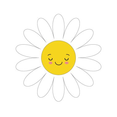 Yüz kafalı beyaz papatya papatyası. Sevimli çiçek bitki koleksiyonu. Aşk kartı. Papatya simgesi. Sevimli çizgi film gülümseyen karakter. Büyüyen kavram. Düz tasarım. Beyaz arka plan.