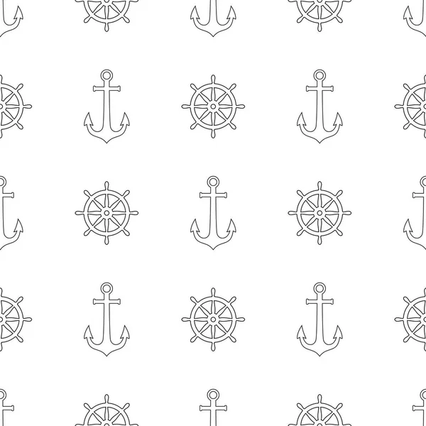 Varrat nélküli tengeri mintázat fekete horgonyokkal és hajókerekekkel — Stock Vector