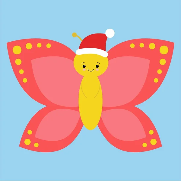 Симпатичная и забавная бабочка в шляпе Санты и улыбающаяся - вектор. Рождественская открытка Кавайи — стоковый вектор