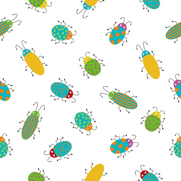 Patrón sin costuras con lindos insectos de colores. Dibujo brillante vector de pequeños escarabajos. Dibujos animados ilustración divertida — Vector de stock