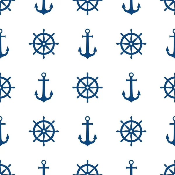 Blue ship wheel and anchor seamless pattern print. Marine vector seamless pattern design. Nautical print. — Stock Vector