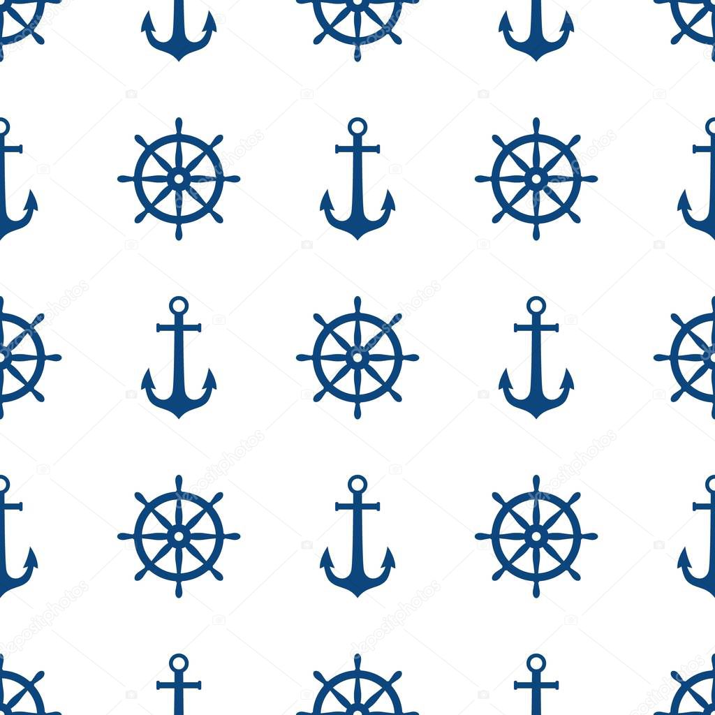 Blue ship wheel and anchor seamless pattern print. Marine vector seamless pattern design. Nautical print.