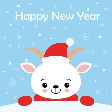 Mutlu Noeller ve Mutlu Yıllar tebrik kartı. Sevimli vektör İllüstrasyon. Atkı ve Santa şapka tatlı beyaz Keçi