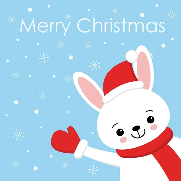 Sevimli tavşan kartı. Noel Baba şapka tavşan vektör Illustration. Yeni yıl kare Banner gülümseyen tavşan ile. Kış tatil paketi tasarımı. Düz orman hayvan.