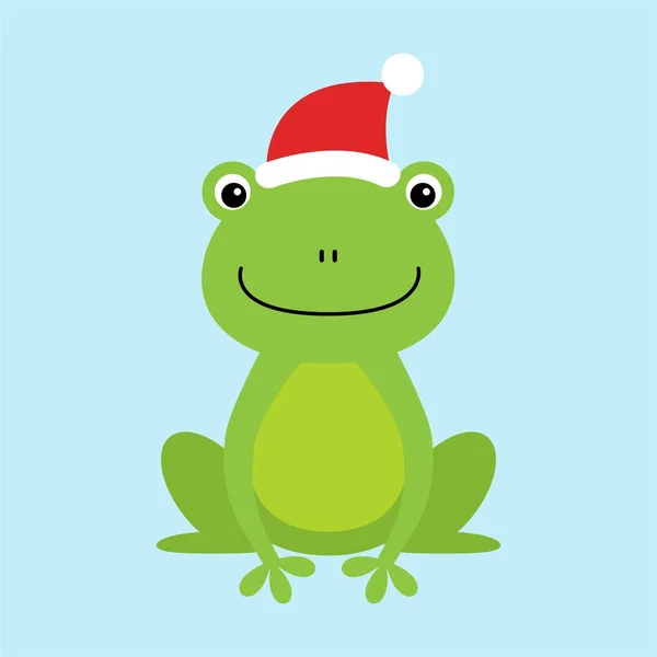 Забавная и милая сидящая лягушка в шапке Санты на Рождество и улыбающаяся - вектор . — стоковый вектор