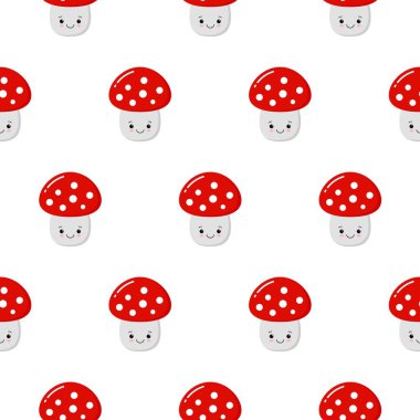 Karikatür Amanita Muscaria agarik mantar Dikişsiz desen sinek. Vahşi orman sevimli mantar vektör illüstrasyon.