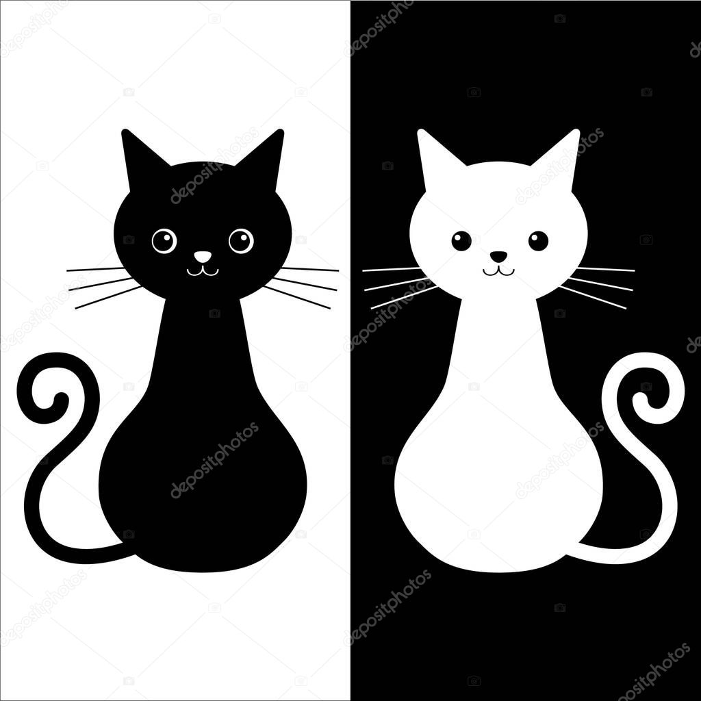 Vector illustration of couple cute cats black and white colors. Love story cats