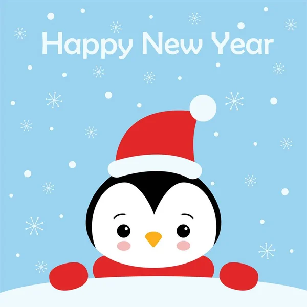 Рождественский пингвин с шапочкой Санты. Рождественский милый персонаж мультфильма. Открытка — стоковый вектор