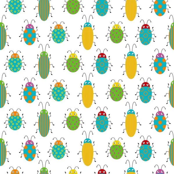 Sömlösa mönster med söta färgglada buggar. Ljus vektorritning av små skalbaggar. Tecknad rolig illustration — Stock vektor