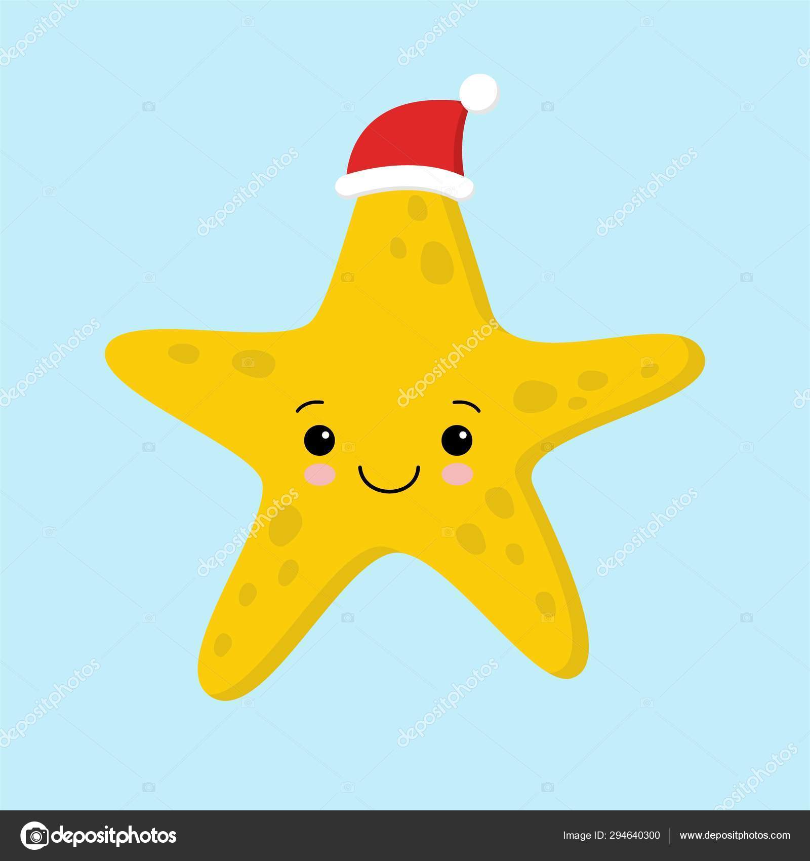 Estrella de mar amarilla divertida y linda con sombrero de Santa para  Navidad y sonriendo - vector . Vector de stock #294640300 de ©YuliaR, image size:1600x1700