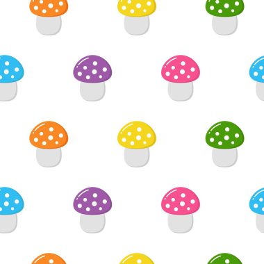 Renkli sevimli mantar ile dikişsiz desen. Sonbahar arka planı. Kumaş, tekstil için mükemmel. Yaratıcı Vektör arka plan