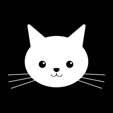 Beyaz karikatür kedi veya kedi yavrusu yüz. Siyah arka plan üzerinde izole edilmiş düz, vektör tasarımı.