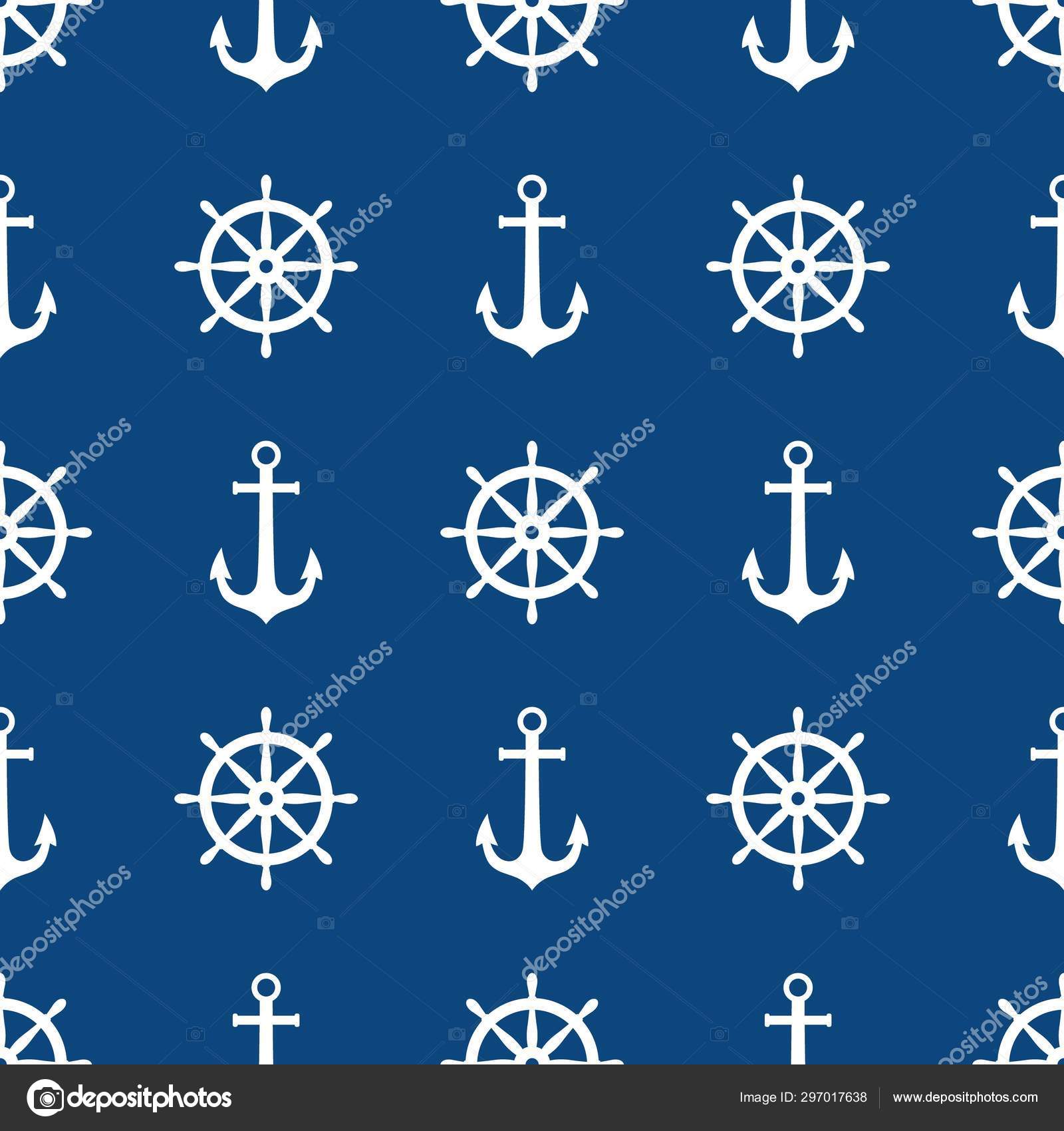 锚轮和船舶车轮无缝图案设计。向量航海海样式打印, 白色船轮子和锚在蓝色背景. 图库矢量图©YuliaR 297017638, image size:1600x1700
