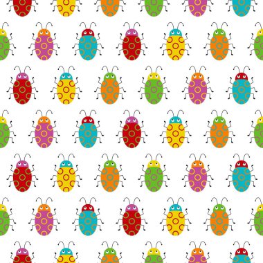 Renkli hatalar ile dikişsiz desen. Küçük böceklerin parlak vektör çizimi.