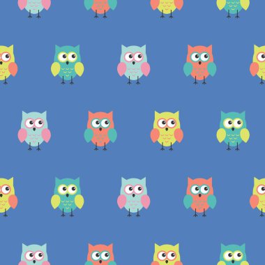 Sevimli düz baykuş desen. Çocuklar için güzel bir arka plan. Mavi arka planda.