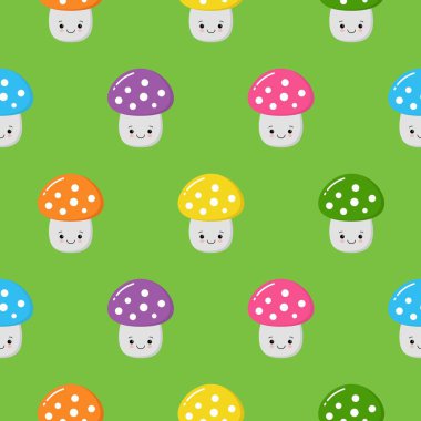 Renkli sevimli mantar ile dikişsiz desen. Sonbahar arka planı. Kumaş, tekstil için mükemmel. Yaratıcı Vektör arka plan