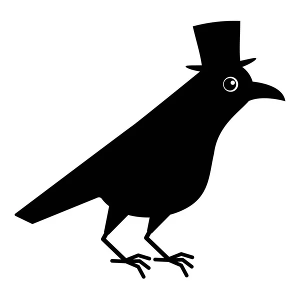 Herr Krähe, Amsel mit Zylinder. niedliche Rabenillustration auf weißem Schwarzgrund. — Stockvektor