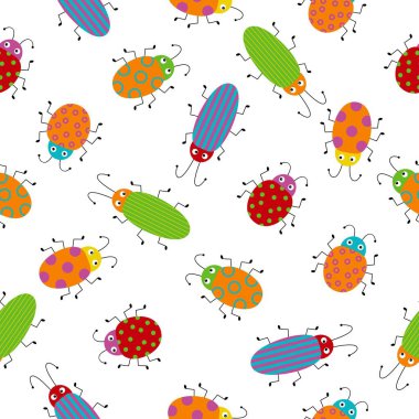 Sevimli renkli böcek ile Dikişsiz desen. Küçük böceklerin parlak vektör çizimi. Karikatür illüstrasyon