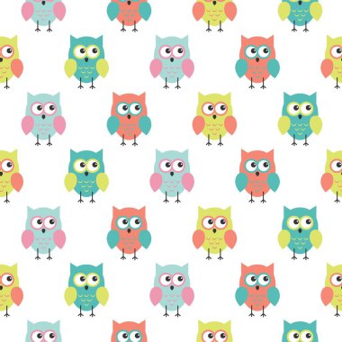 Vektör çocuklar için dikişsiz renkli sevimli baykuş arka plan deseni