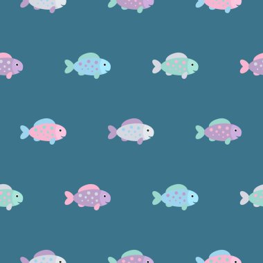Mavi arka plan üzerinde küçük renkli sevimli balıklar. Düz tarzda soyut vektör dikişsiz desen. pastel renkler