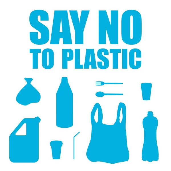 Plastiğe hayır de. Plastik nesnelerin vektör kümesi. Kirliliği durdurun. Çevre koruma. Gezegeni kurtar. Atıksız üretim. Çöp. Şişe, plastik bardak ve çanta, tek kullanımlık sofra.